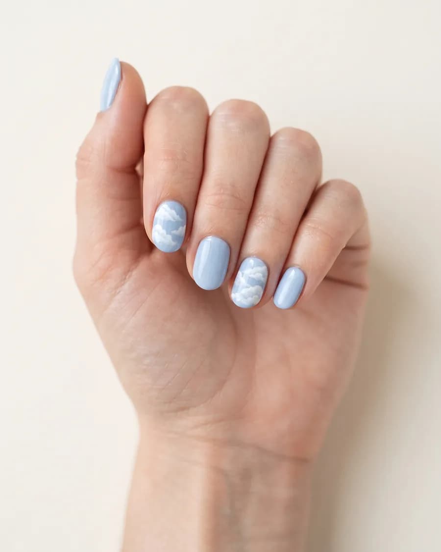 Ciel — Un bleu doux et un motif nuageux sur deux ongles.