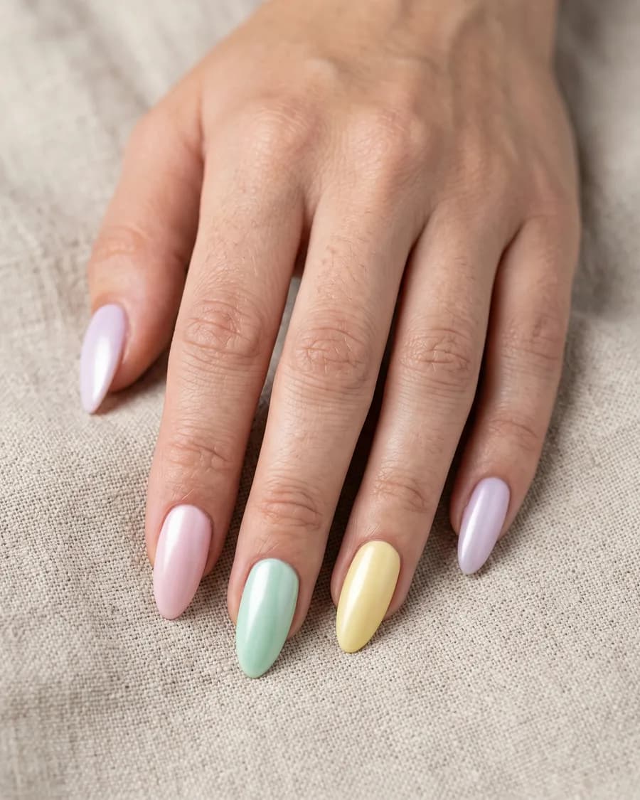 Macaron — Un pastel différent sur chaque ongle, finition satin. Tendre et net à la fois.