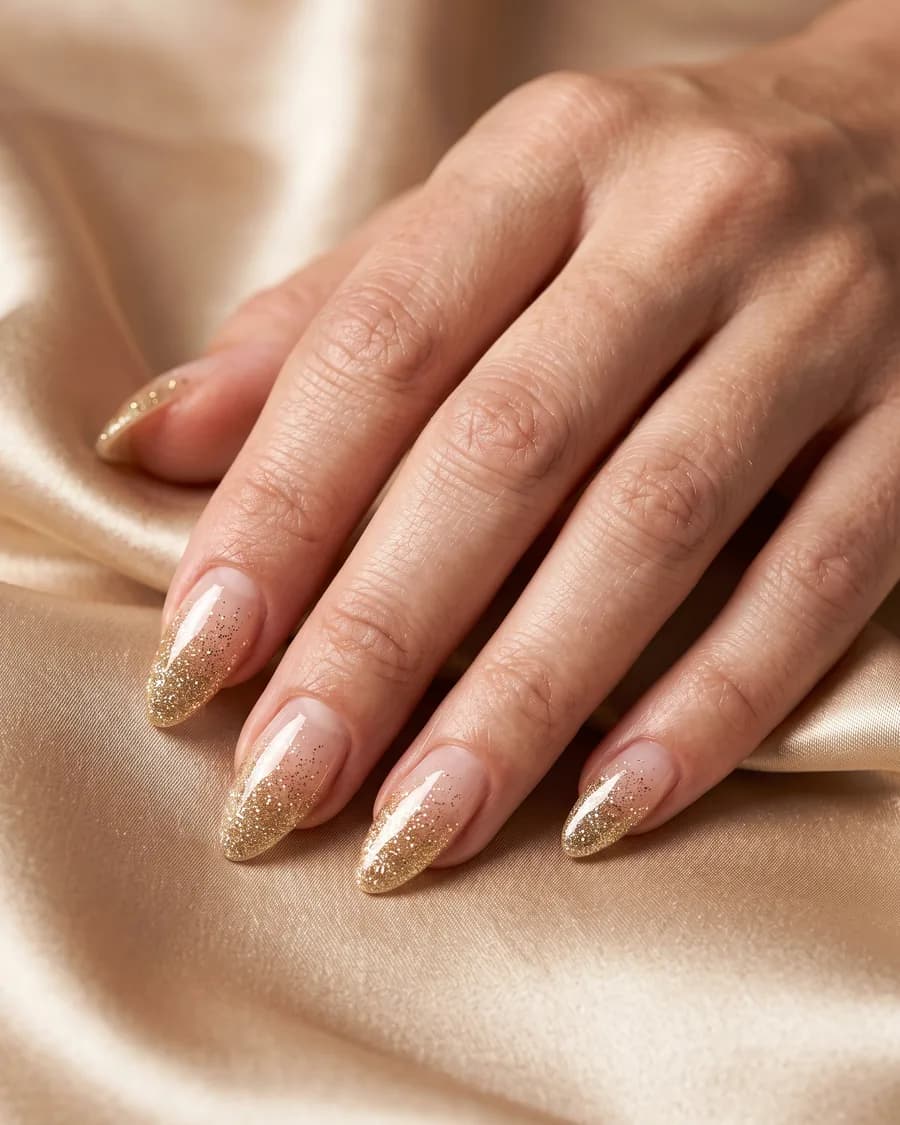 Poussière d'Or — Des paillettes dorées prises dans le gel, en dégradé vers la pointe.