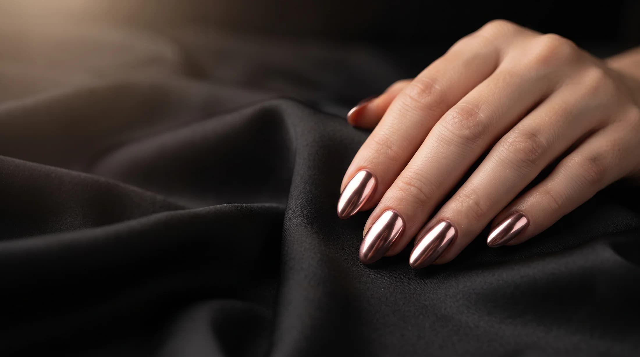Main aux ongles chrome rose doré, finition miroir